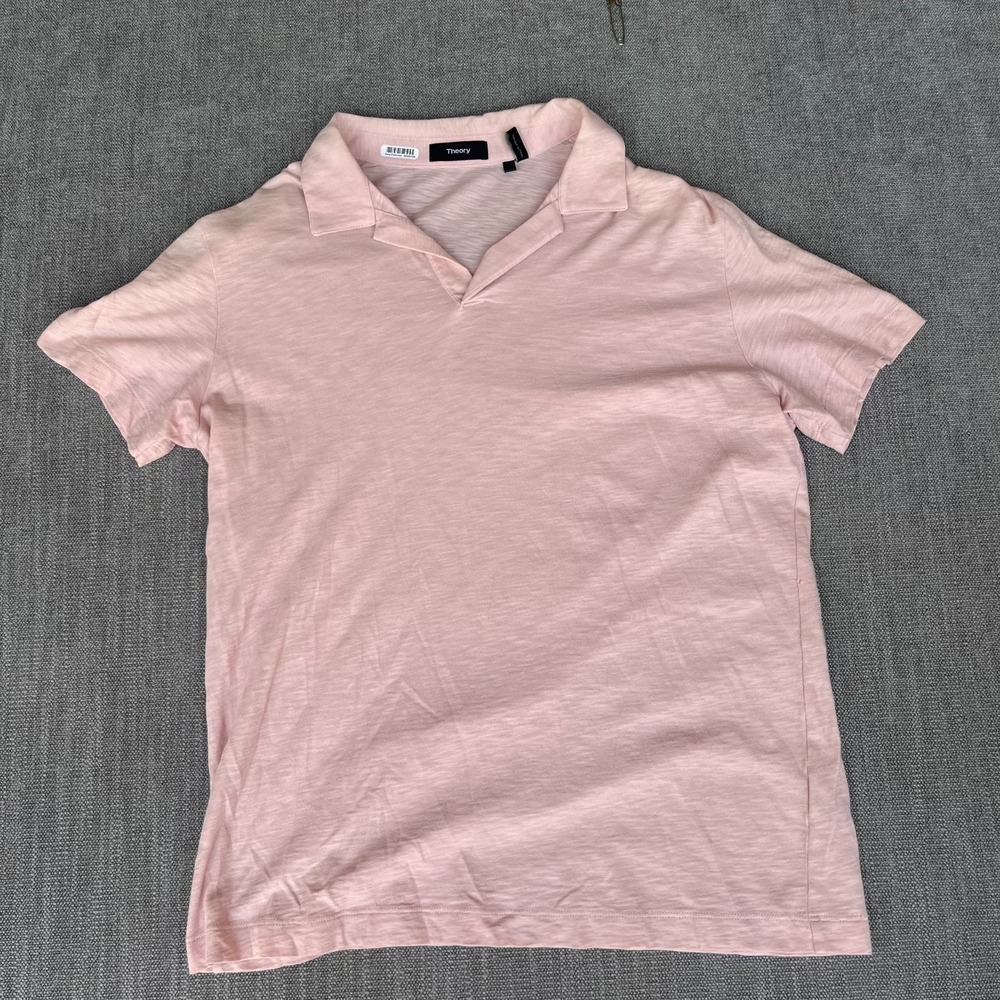 Theory Willem Nebulous Polo Shirt Mens Medium Pink Short Sleeve Johnny Collar